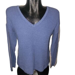 Tribal Blue And Cream Knit V-Neck Women's Colorblock Sweater M